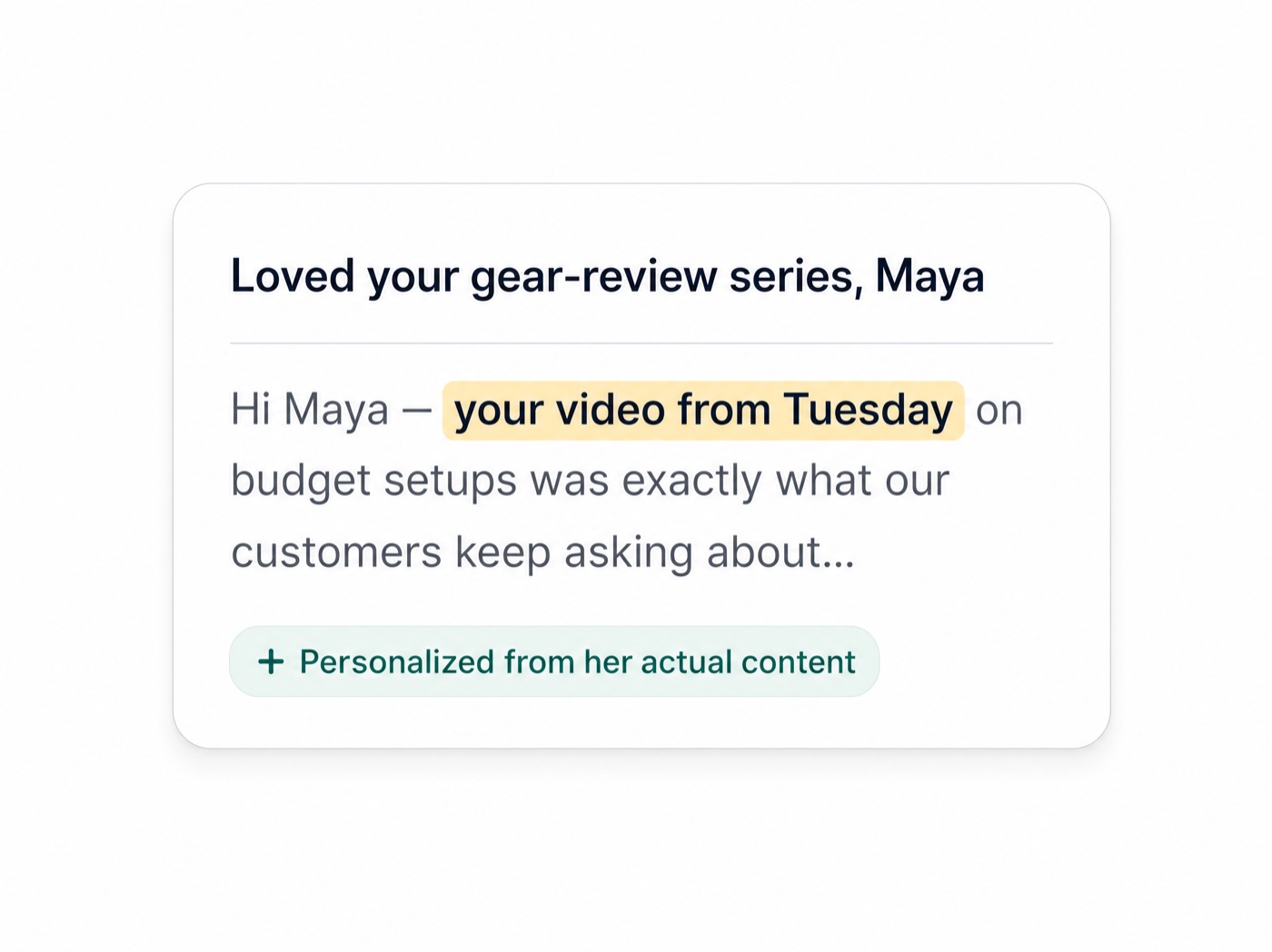 AI-written outreach email referencing the creator's recent content
